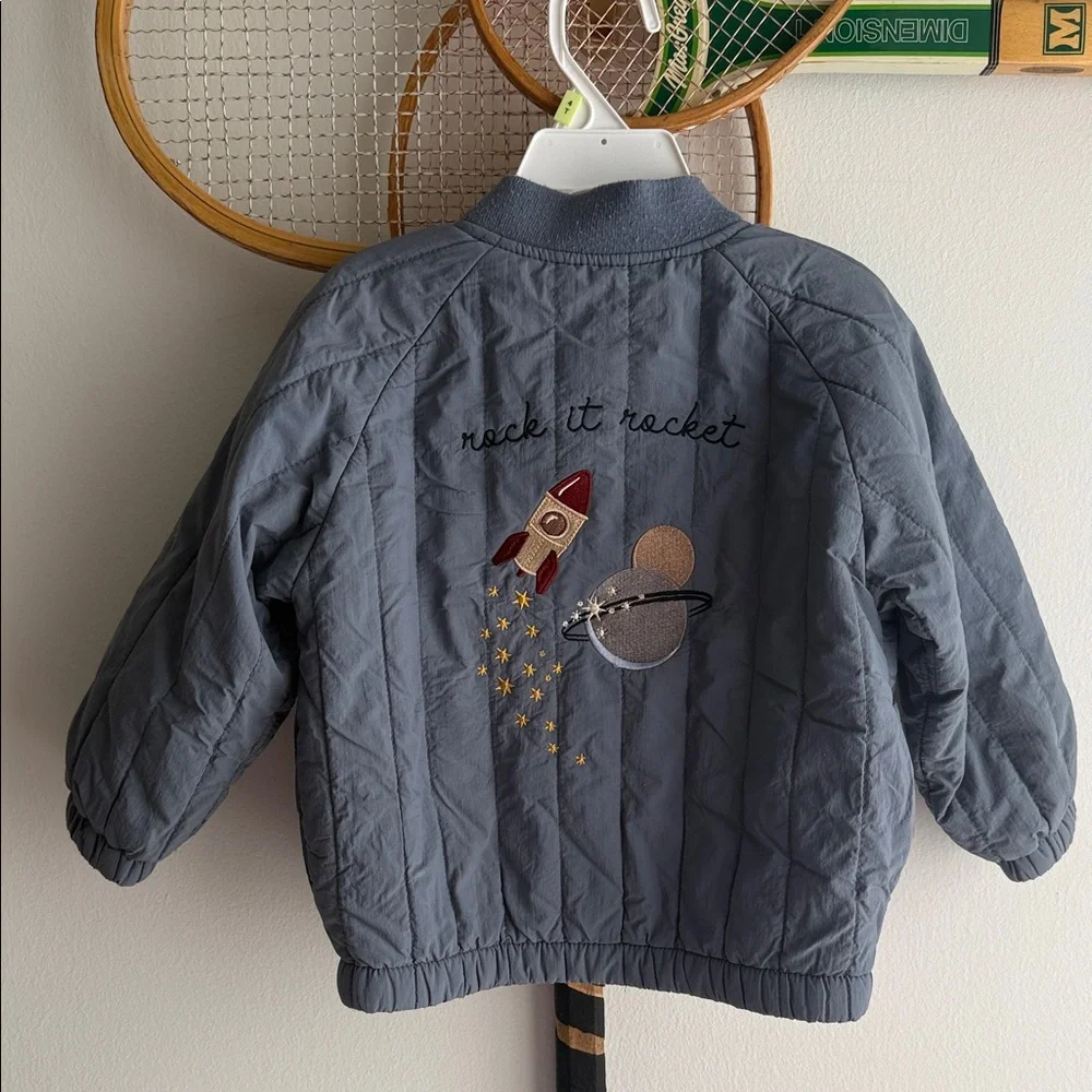 Little Me Gray-Blue Quilted Kids' Puffer Jacket with Space Patch - Picture 5 of 6